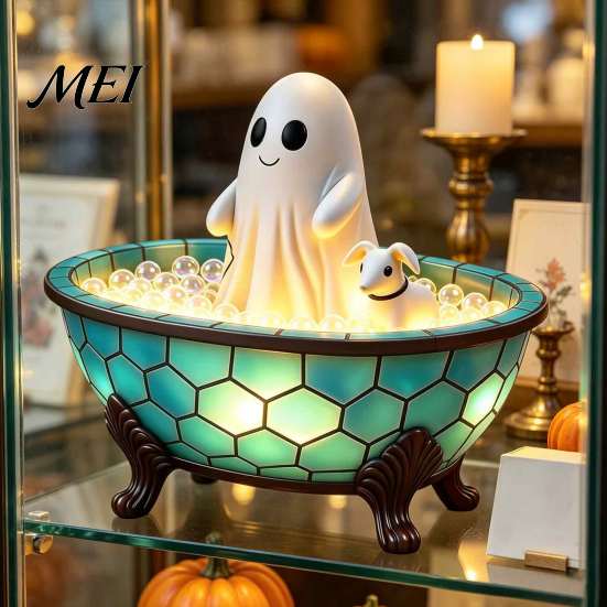 Halloween Ghost Bathtub Night Light Bubble Bath Lamp, Cute Decor, Decorative Retro Style Desktop Lamp & Puppy for Indoor Bedroom Living Room