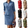 Damen Color Button-Down Hemdblusenkleid mit Kragen, 3/4 Ärmel, Taschen, Lockerer Schnitt
