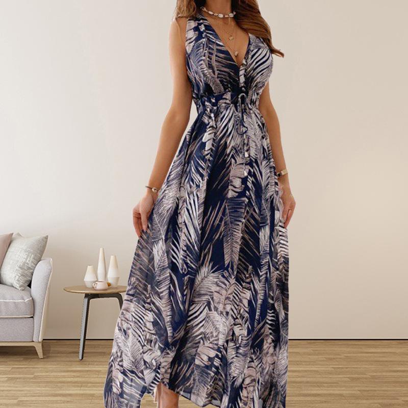 European and American women's clothing, new summer models, fashionable casual printing backless strap dress women