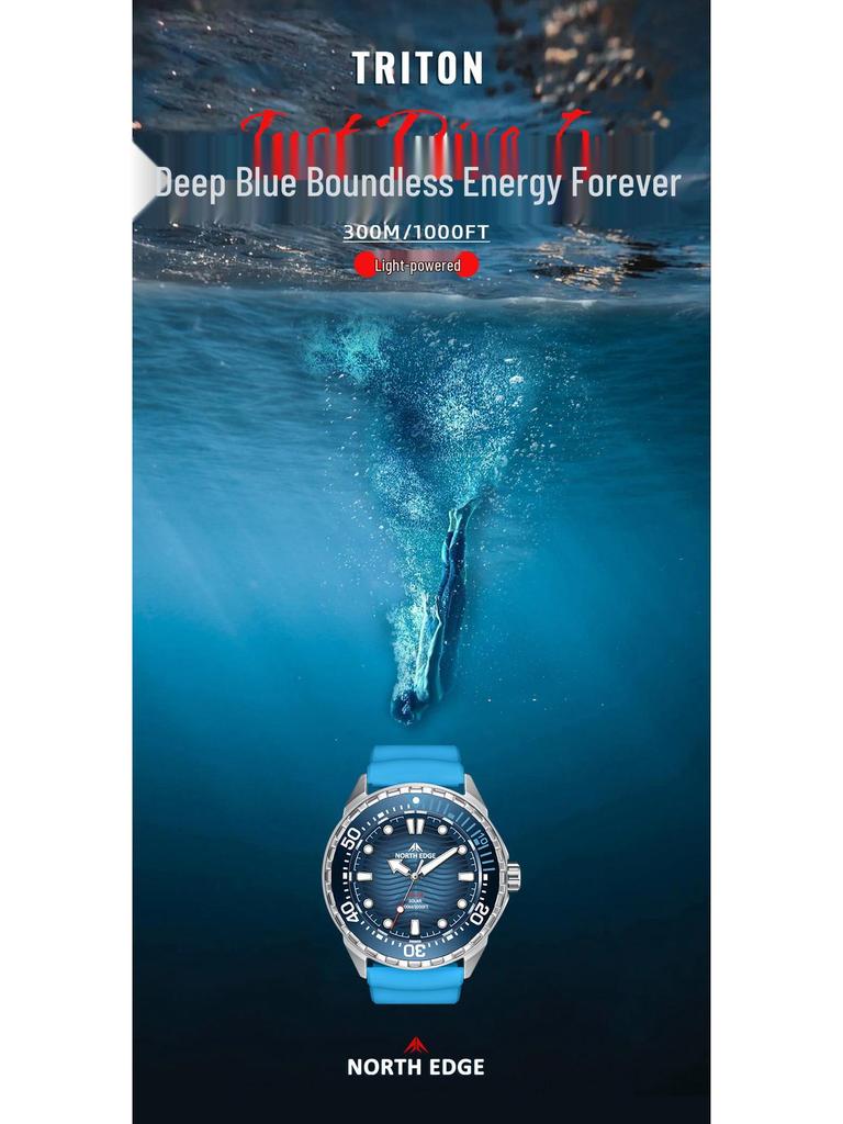 Solar-Powered Men's 300M Waterproof Analog Diving Watch - Stainless Steel