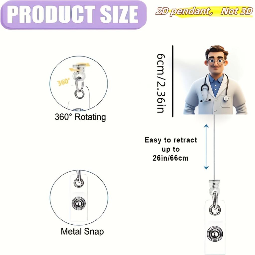 2D Flat Acrylic Glasses Wearing Doctor Retractable Badge Reel Clip,Work ID Tag Holder For Nurses Doctors Medical Students Licensed Nurse Practitioners