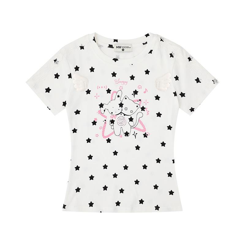 American full-print star wings lace rabbit front shoulder short-sleeved t-shirt women s Korean short slim-fit top S белый