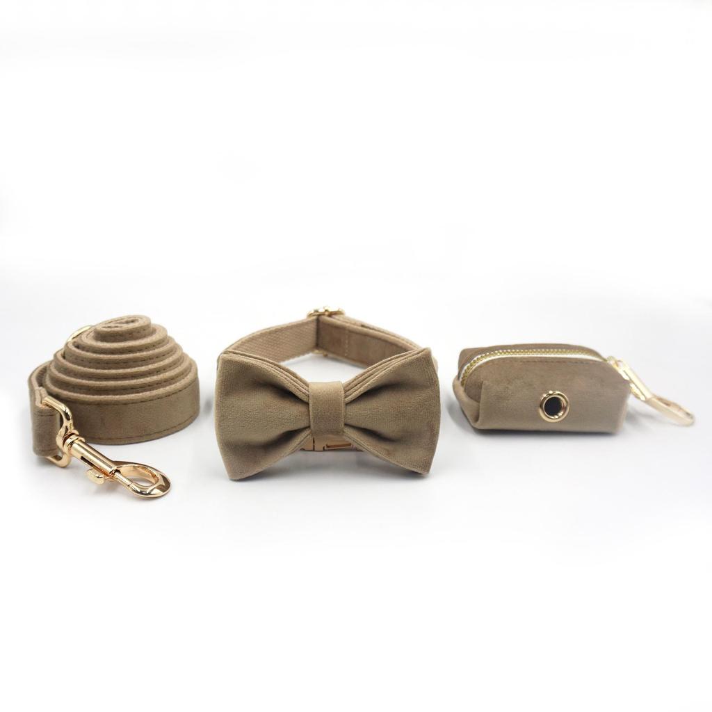 Light Brown Plush Dog Collar, Leash, Bow & Poop Bag Harness Set