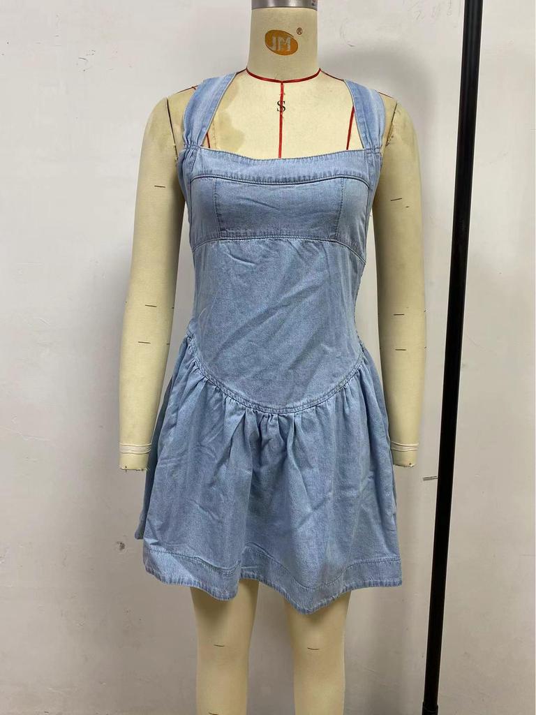 Europäisches & Amerikanisches Damen-Mini-Denimkleid 2025 Sommer, Rückenfrei, Schlank, Hoher Bund, Einfarbig.
