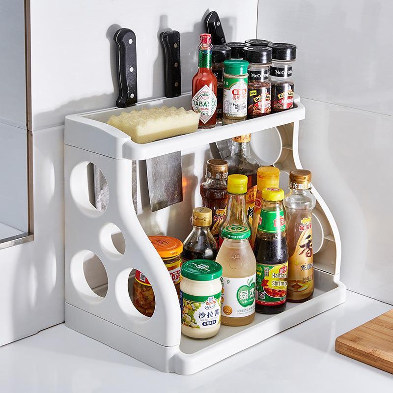 Floor-standing Two-tier Kitchen Knife & Chopsticks Storage Rack with Draining Shelf for Seasoning