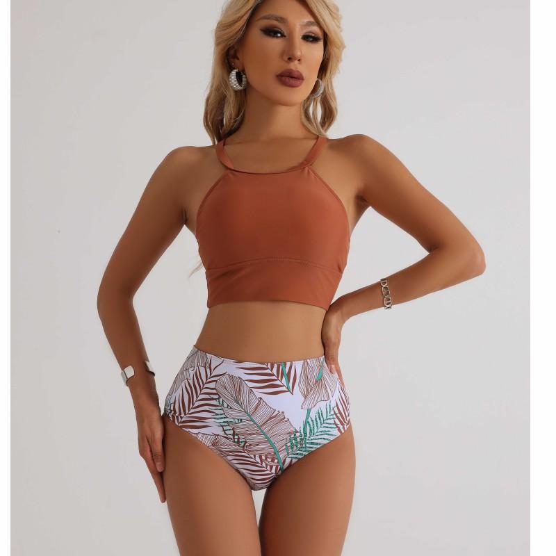 New bikini swimsuit women's sexy solid color printed split high waist belly hot spring swimsuit