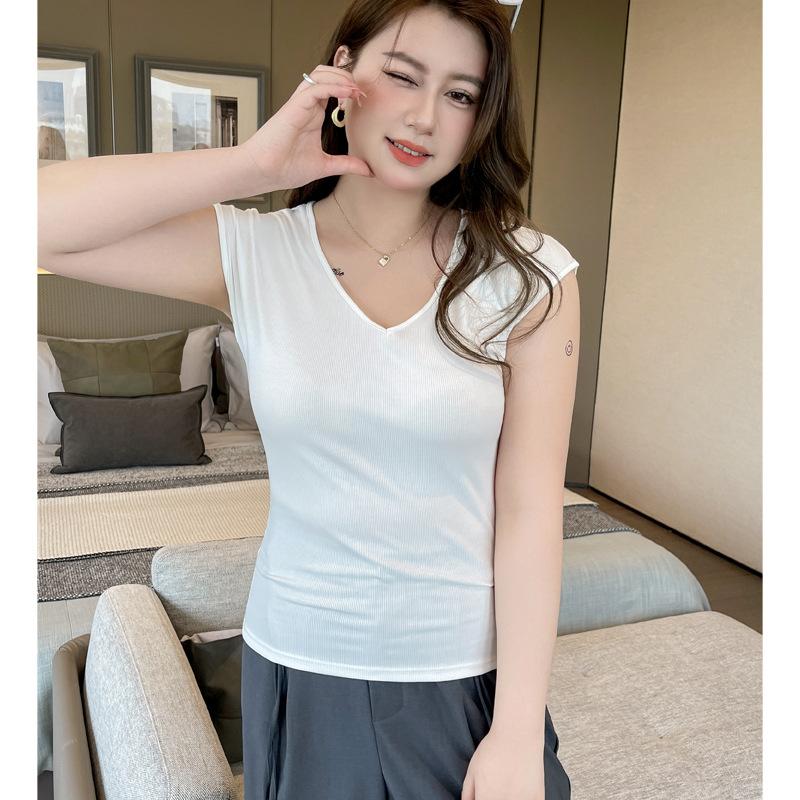 New V-neck Right Shoulder T-shirt Large Size Short-sleeved Women's Inner Wear Fashionable Korean Top Threaded Sleeveless Bottoming Shirt Outer Wear