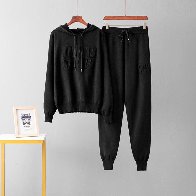 Letter Indentation Autumn and Winter Knitted Sweater Hoodie Casual Ankle Pants Two-piece Set Women's Pants Set Outfits