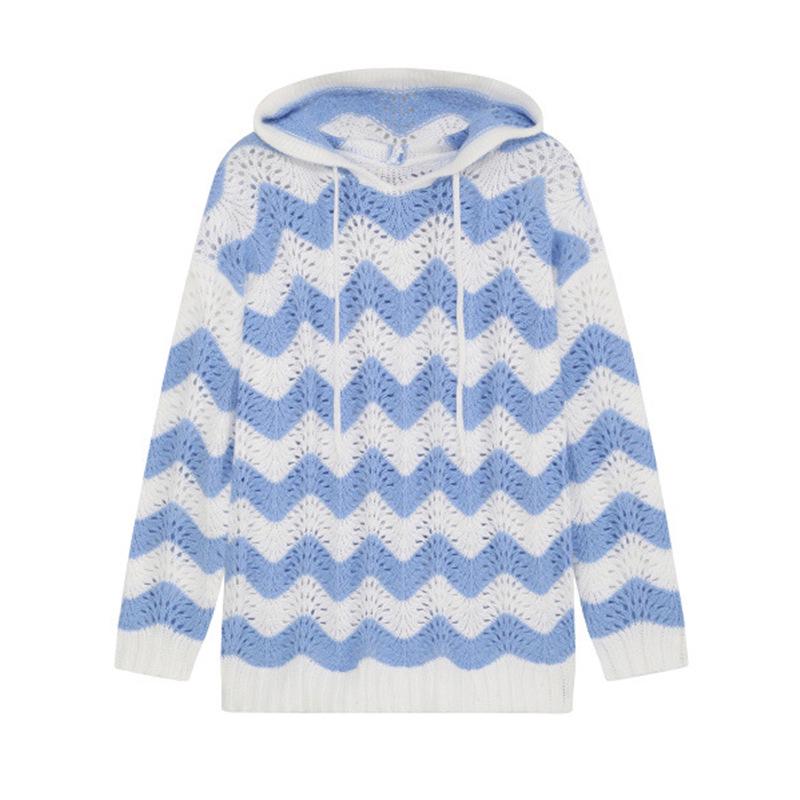 

2025 European V-Neck Hollow Knit Hooded Women s Sweater XXXL синий