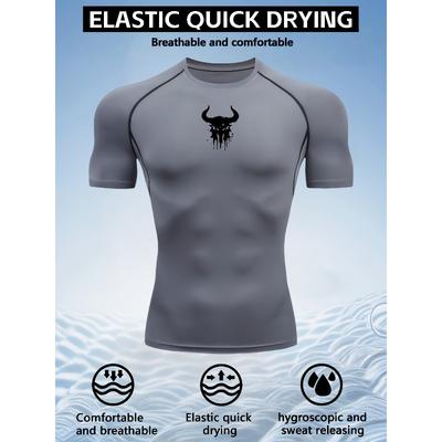 Mens Grey Compression Short Sleeve T-Shirt Black Dripping Bull Head Graphic Elastic Quick Dry Breathable Gym And Running Athletic Top