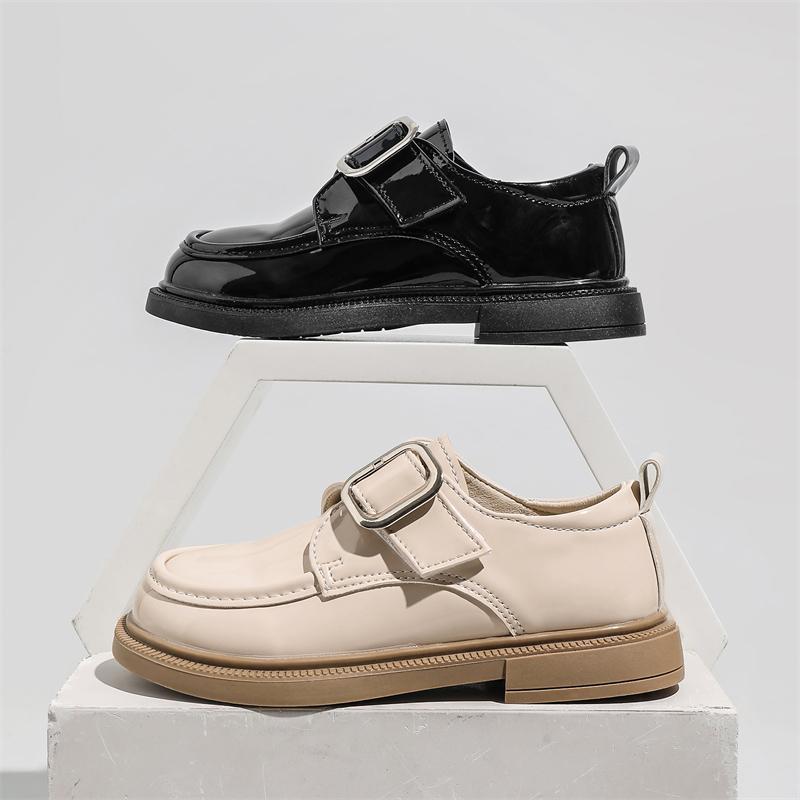 Kids Leather Shoes Black Glossy Pu Girls Princess Shoes Soild Color Metal Decoration 2025 New Children Flats School Trendy Soft