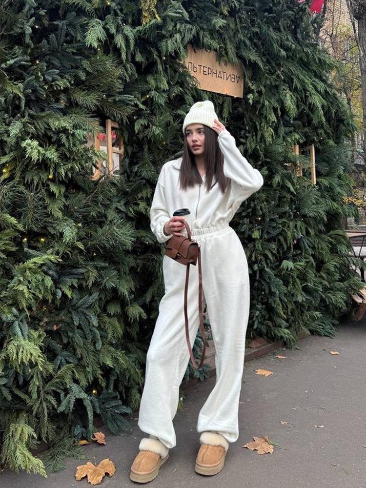European & American Women's Spring/Autumn Long Sleeve Jumpsuit - Casual Half Open Neck, Elastic Waist Set