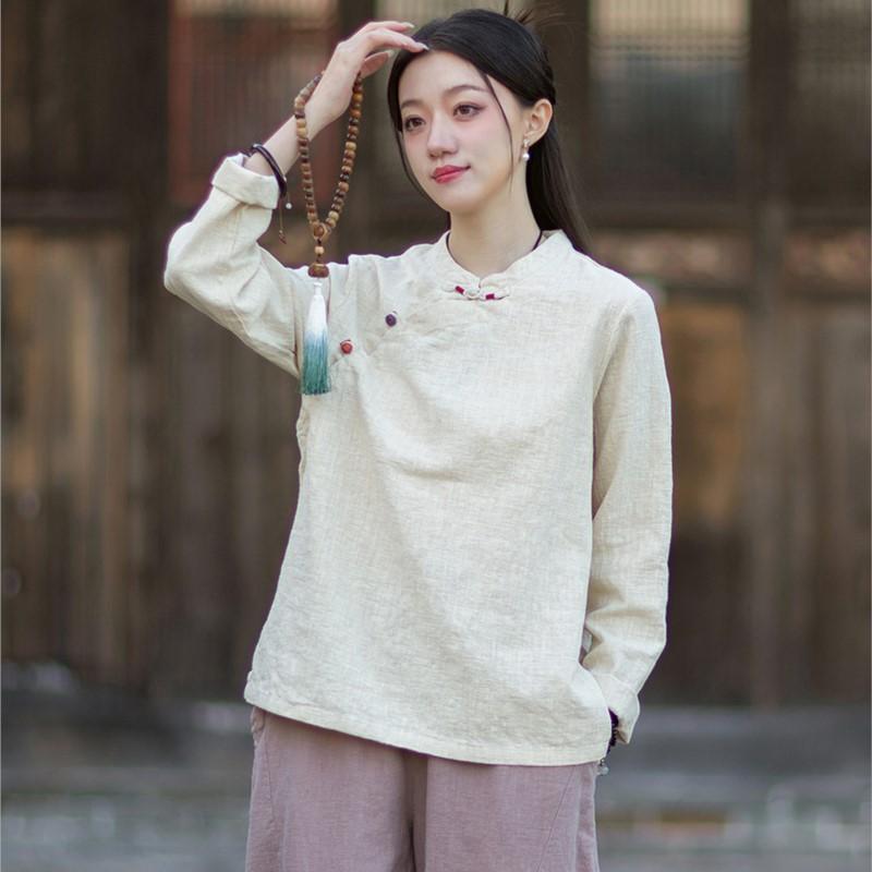Johnature Women Vintage Shirts Stand Tops Spring Chinese Style Solid Color Long Sleeve Button Female Shirts