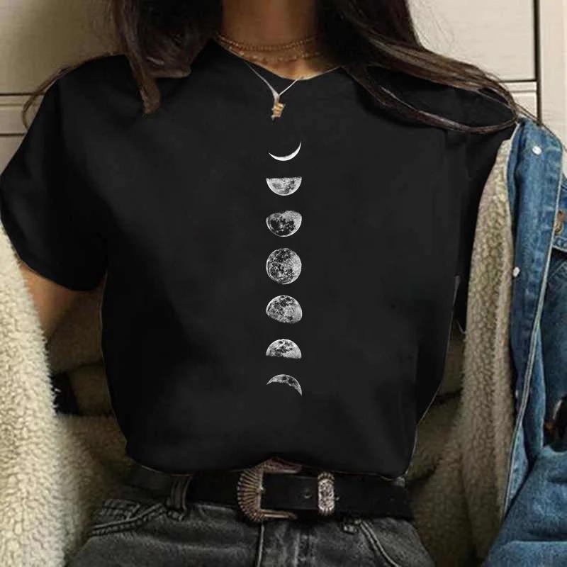 Moon PrintWomen Harajuku Summer T Shirt Girl Fashion Black Tops Funny Female T-shirt Casual Tee Woman Clothes Y2k Cute Tops