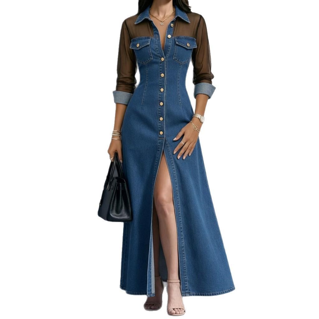 Elegant Spliced Mesh Long Sleeve Dress With Slit For Daily Wear