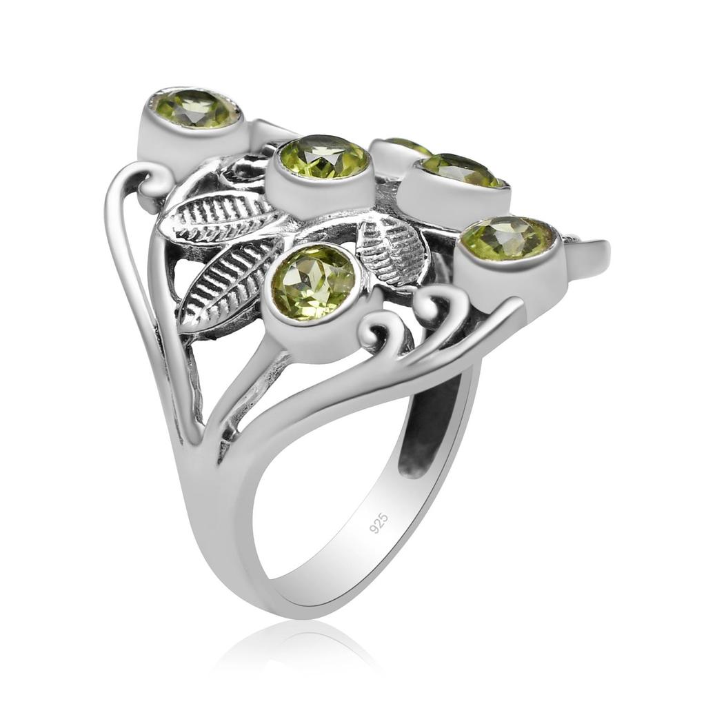 Natural Peridot 4X4 Mm Round Gemstone 925 Sterling Silver Leaf Filigree Design Ring For Women & Girls