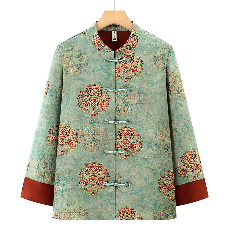 

2026 Spring Plus Size Women s Mid-Length Tang Suit Jacket for Elderly 70-Year-Old Grandma with Frog Button Print 4XL for 135-145 jin зелений