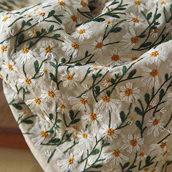 IRIZ Premium Daisy Embroidered Cotton-Linen Fabric 140 cm Width × 95 cm Pre-Cut (Floral / Embroidered)