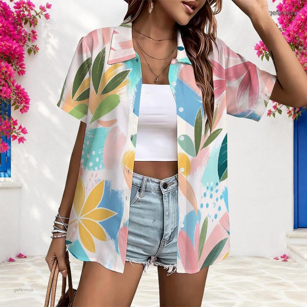 Women Watercolor Leaf Printed Short Sleeve Button Down Shirts Casual Lapel Loose Summer Plus Size Blouses For Daily Office Wear