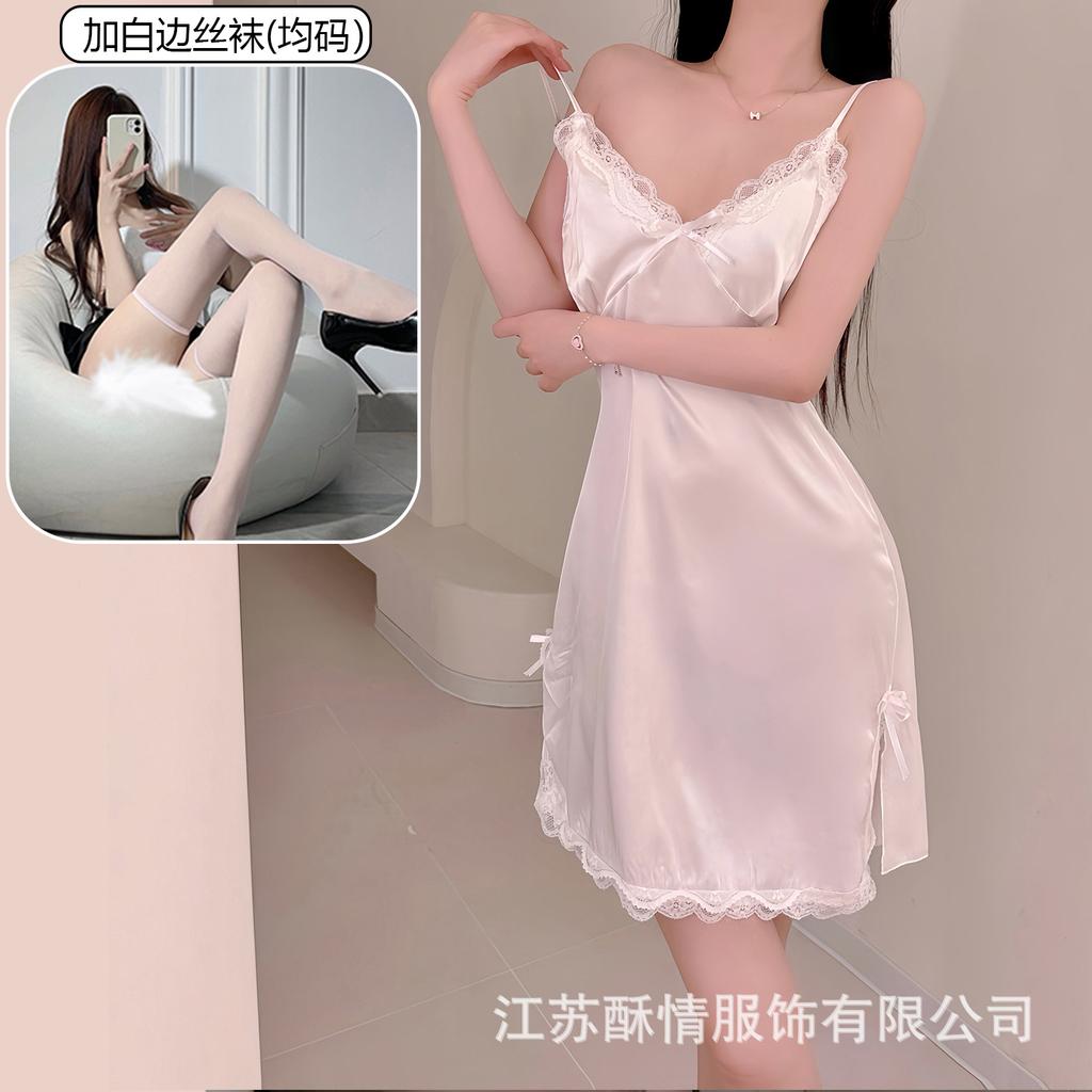 Sexy pure desire style new lace suspender nightdress women's satin thin sexy deep V split set