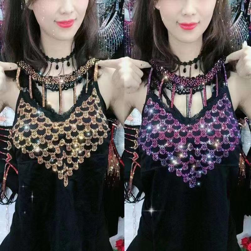 Rhinestones Inlaid Camisole Women Sexy Elastic Fashion Colorful Pattern Autumn Winter Warm High Quality All-Match Vest New
