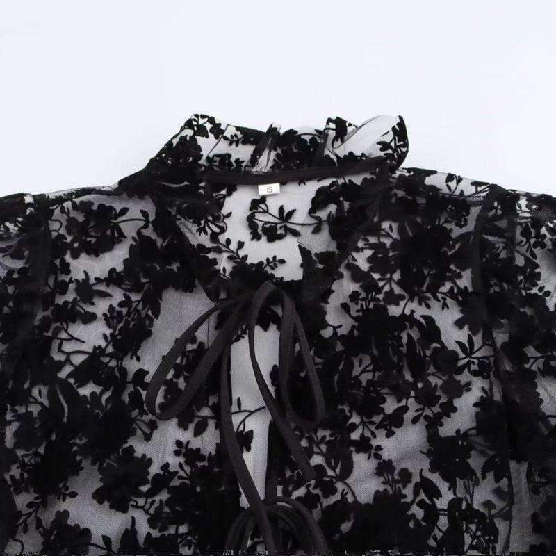Kaslead New Arrival Women's Clothing Fashion Style Fashion Minimalist Elegant Flocking Perspective Shoelace Tops