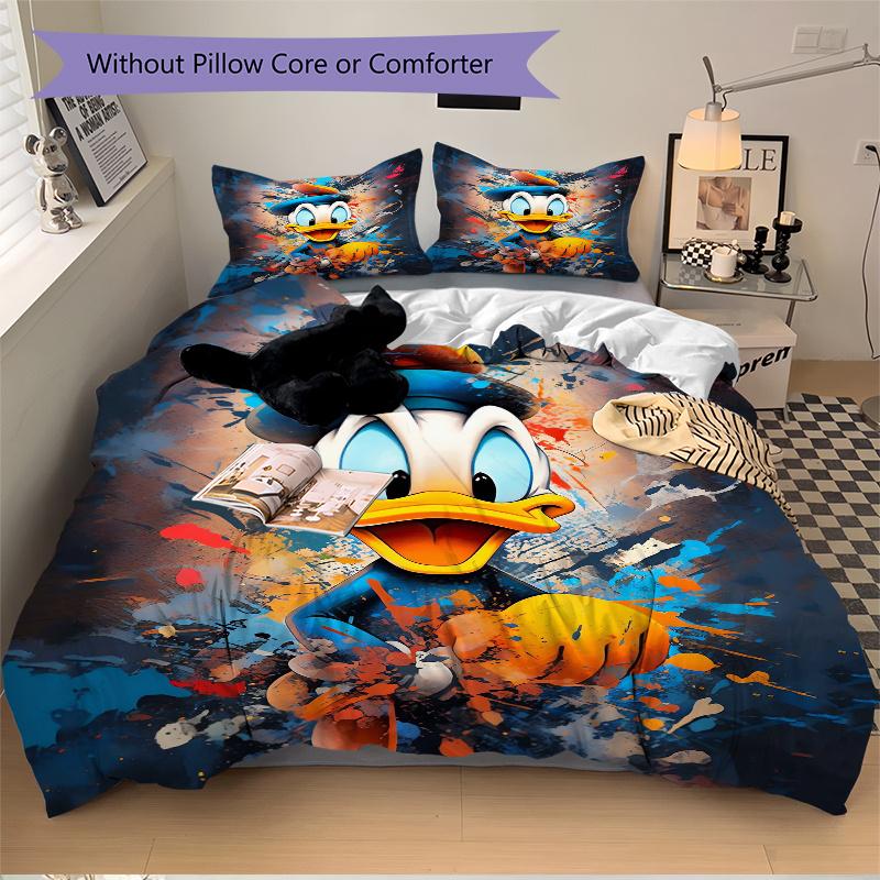 3pcs Graffiti Donald Duck Cartoon Design Printed Quilt Set, Includes 1 Quilt Cover and 2 Pillowcases, Machine Washable, Suitable for All Sea