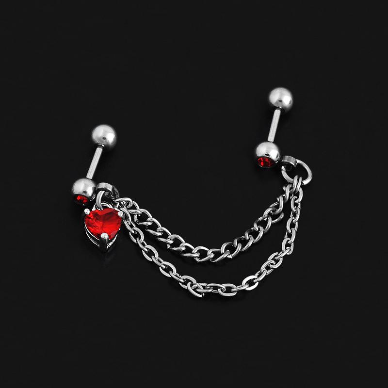 Trendy European & American Titanium Steel Double Chain Heart Zircon Ear Cuff Earrings for Women