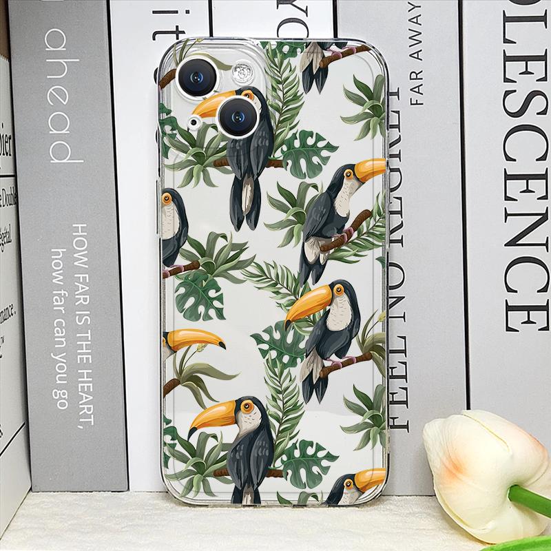 Cartoon Monstera Leaves Palm Tree Flowers Bird Phone Case for iPhone 17 16 15 14 11 12 13 Pro Max Mini 7 Plus X XS XR Soft Cover