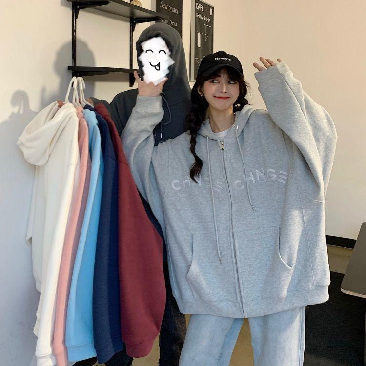 Women's 65% Cotton Embroidered Hooded Sweatshirt - Korean Style Loose Zip-up Jacket (2025 Student Collection)