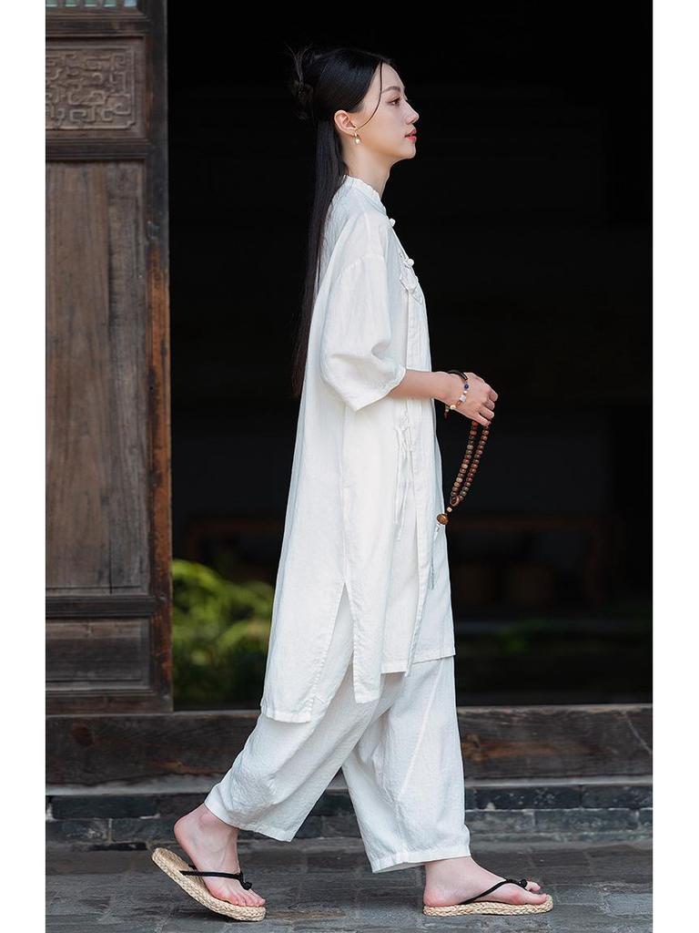 2026 Spring Women's Asymmetrical Cotton Linen Robe with Frog Buttons and Tie-Up Collar - Retro Chinese Zen Tea Wear