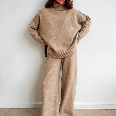 2025 Autumn/Winter Casual Solid Color Knitted Sweater Set: Loose High Neck and Pants