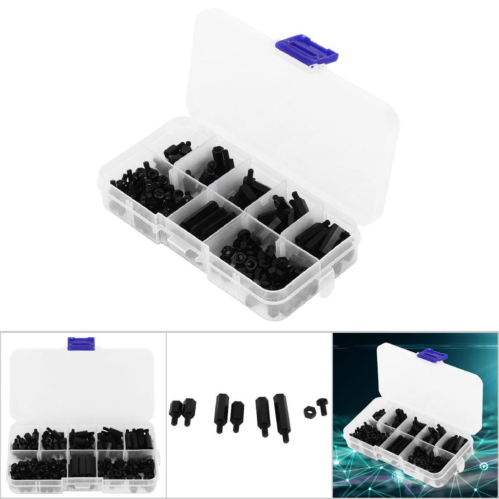 180pcs Box M3 Nylon Screw Nut Male Female Standoff Combination Assortment Kit(Black )