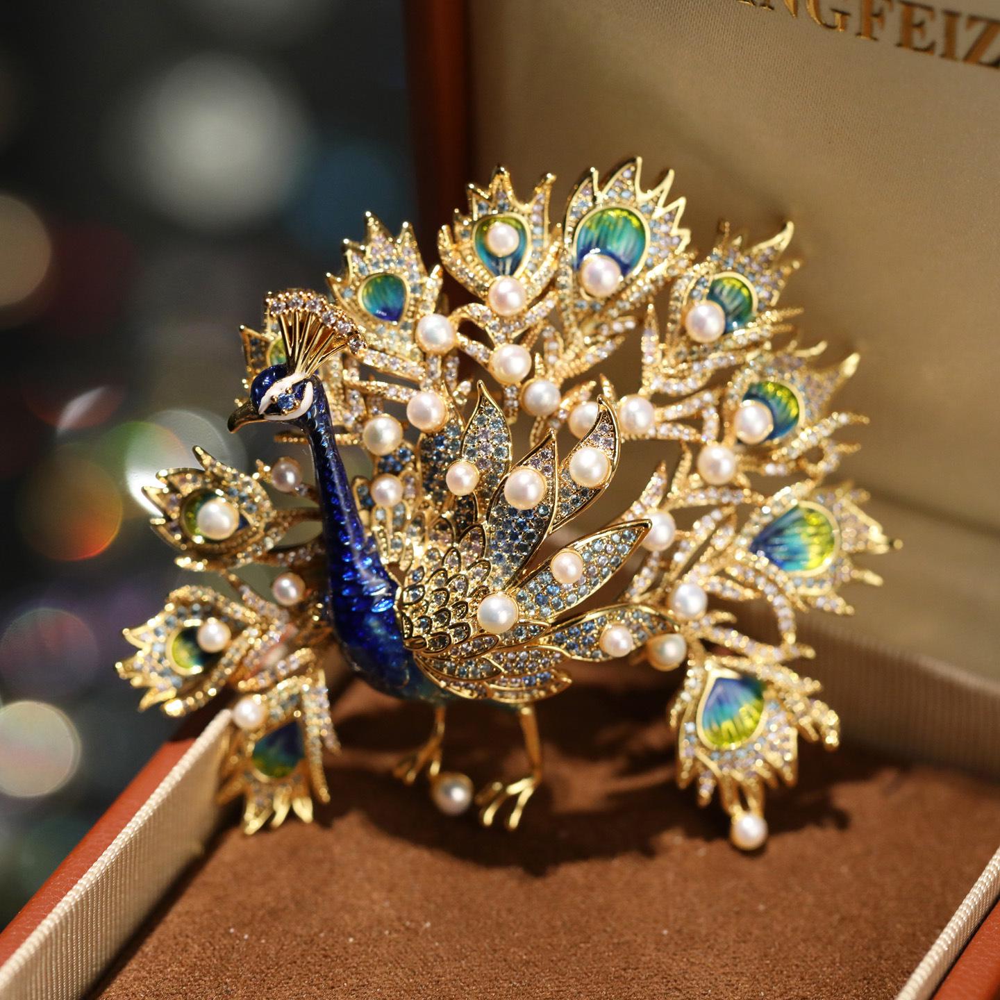 Bo Xin Yun Luxurious Peacock Brooch with Freshwater Pearls and Enamel Design