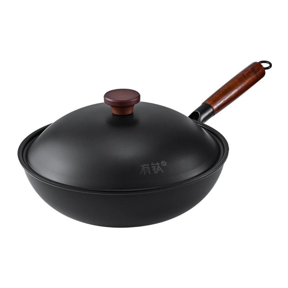 

Hand-forged Cast Iron Wok Pan with Lid Wooden Handle Titanium Iron Pot Non Stick Kitchen Cooking Tools Chinese Wok All Stoves