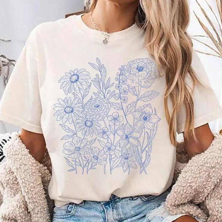 

Summer Womens Vintage Floral Wildflowers Print TShirt Cotton and Breathable Short Sleeve Streetwear Oversized Loose Casual S