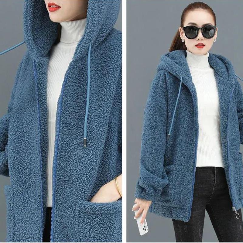 Modische Damen Oberbekleidung aus Imitat-Lammwolle, Lockerer Hoodie im koreanischen Stil für Frühling und Herbst, Plüsch-Oberbekleidung für Damen, Freizeit-Oberbekleidung