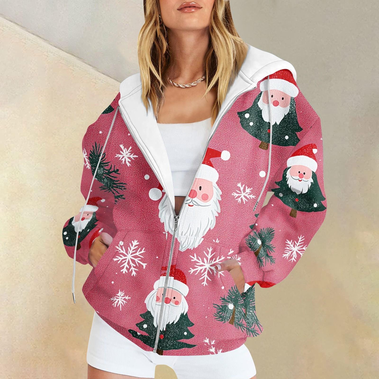 

Ladies Fashion Casual Christmas Print Sweatshirt Winter Long Sleeve Cardigan Jacket With Pocket Zipper Hoodie Jacket L
