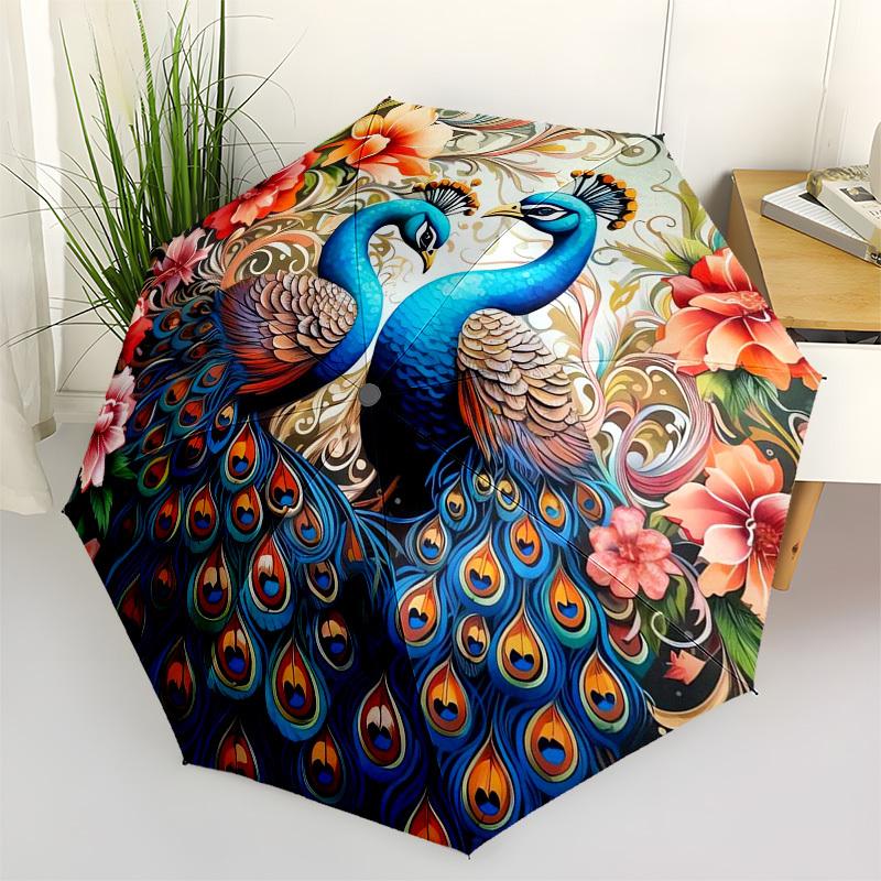 

Peacock, Floral Themed Automatic Opening and Closing Umbrella, Compact Travel Umbrella, Lightweight and Portable, Suitable for Beach Commuti