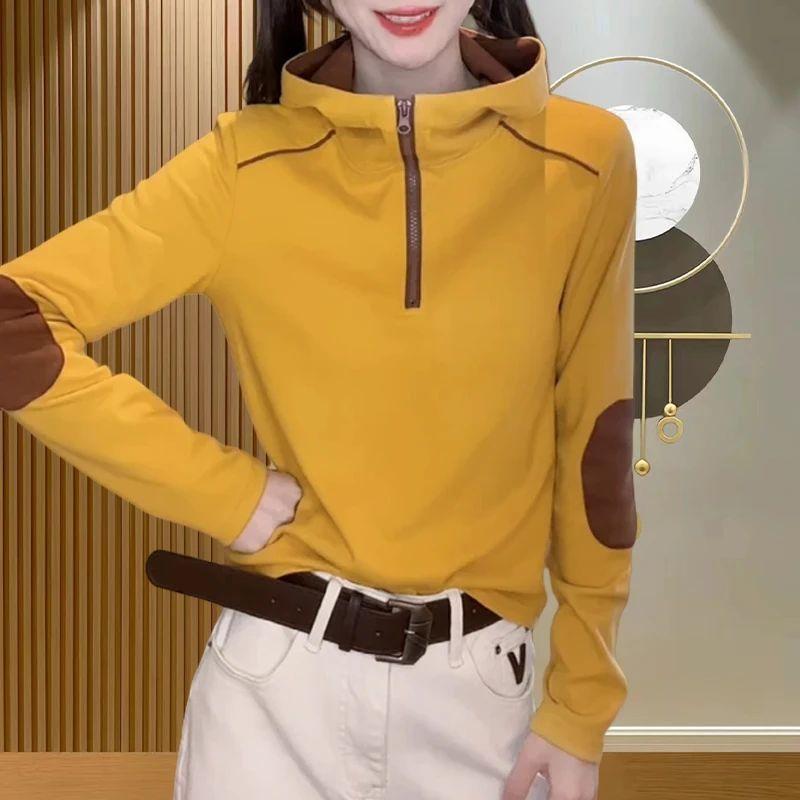 Fashionable Women's Hooded Color Block Pullover Coat with Zipper Simple