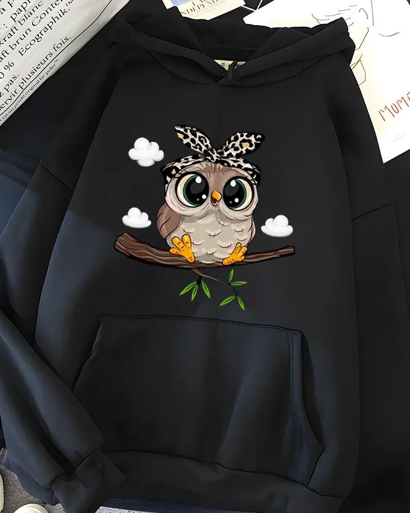 Women Cute Owl Graphic Hoodie Leopard Bow Bandana Owl Print Long Sleeve with Pocket Pullover Casual Hooded Sweatshirt Female Top