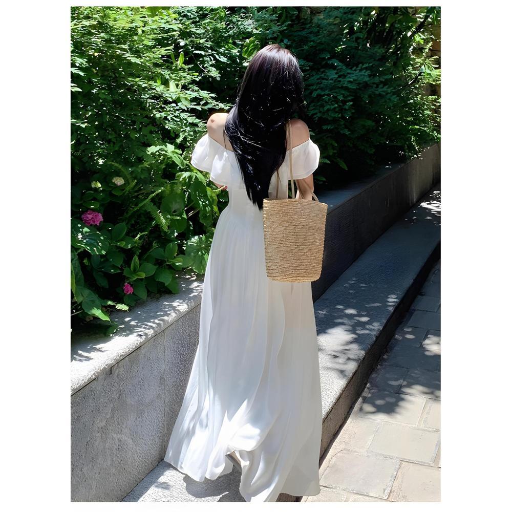 White dress women's summer temperament new long waist one-word shoulder flying sleeves a-word skirt square neck ruffle edge