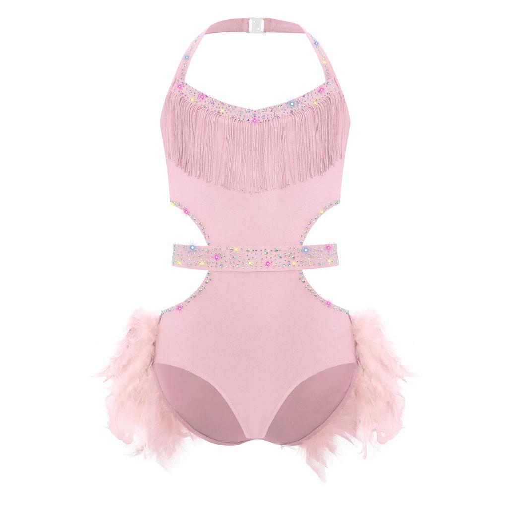 Girls Latin Dance Costume Sparkly Rhinestones Halter Leotard with Feather Skirt for Performance