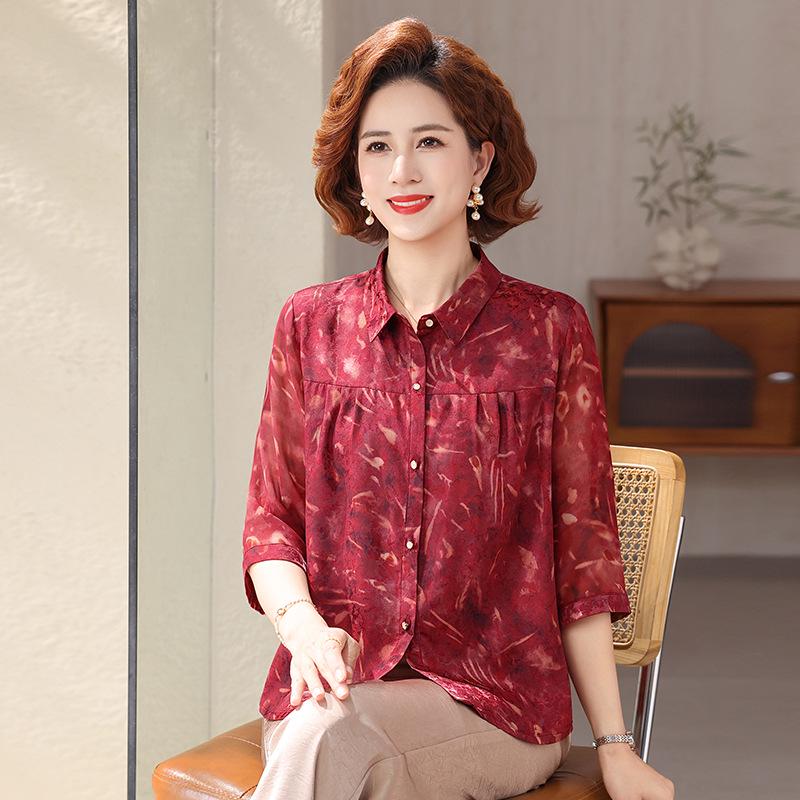 Stylish 2026 Summer Chiffon Cardigan: Printed Lapel Shirt for Middle-Aged & Elderly Women 3XL (120-135 jin) красный