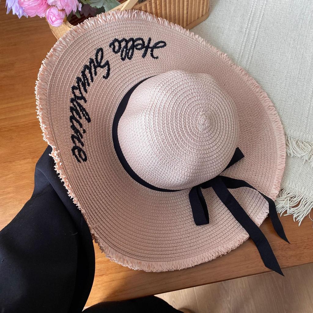 Lace Bow Straw Hat Women's Summer French Large Brim Sunscreen Hat Seaside Beach Vacation Sun Hat