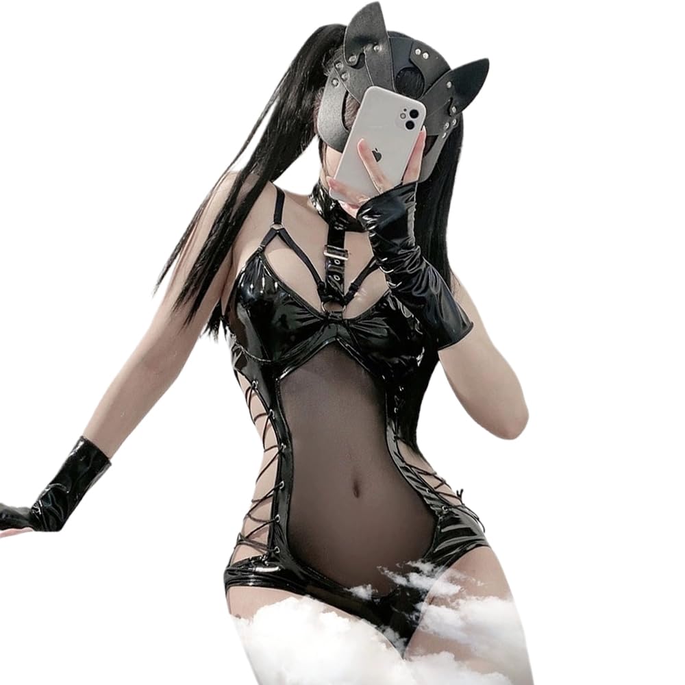 Cosplay Sexy Erotic Extreme Lingerie School Swimsuit Small Breasts Erotic Leotard High Leg SM PU Leather Restraint Bondage Moe Devil Temptation