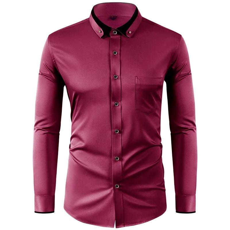 Elastic Shirt Men's Long Sleeved Diamond Buckle Contrasting Collar Design Solid Color Slim Fit Men's Shirt Men's Clothing