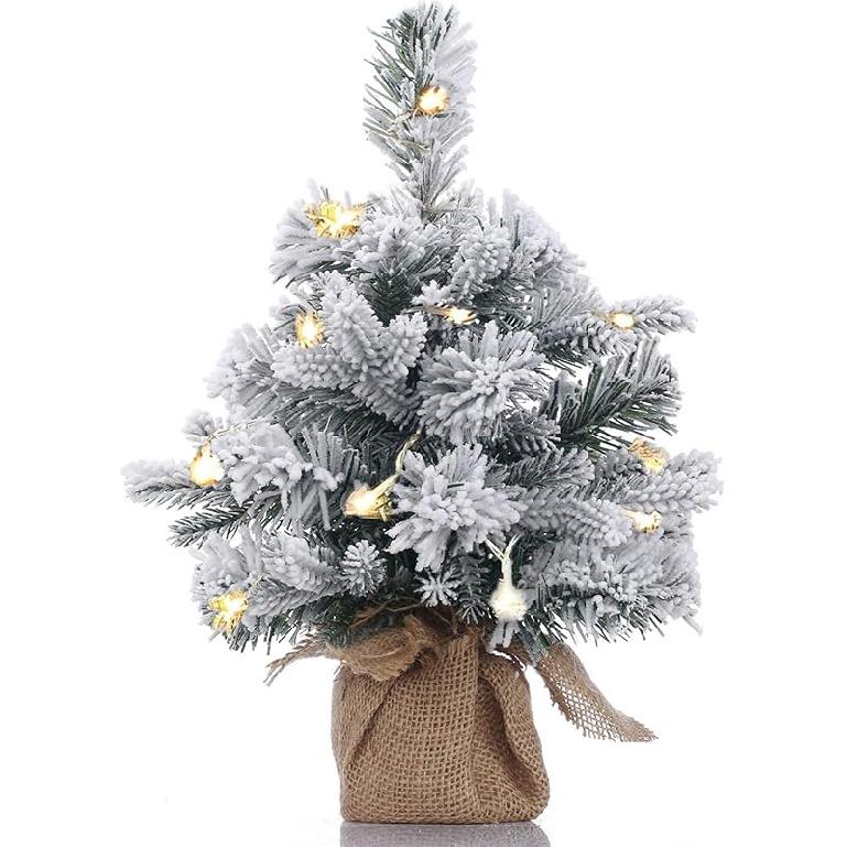 Pre-Lit Artificial Mini Christmas Tree,20 Inch Snow Flocked Artificial Pine Xmas Tree with 40 LED Lights,70 Branch Tips,Desktop Christmas Tree Burlap 1ft