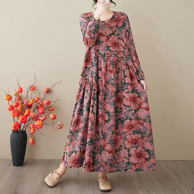 Early Spring Art Retro Printed Long Sleeved Dress Vintage Long Style Large Swing Loose Dresses