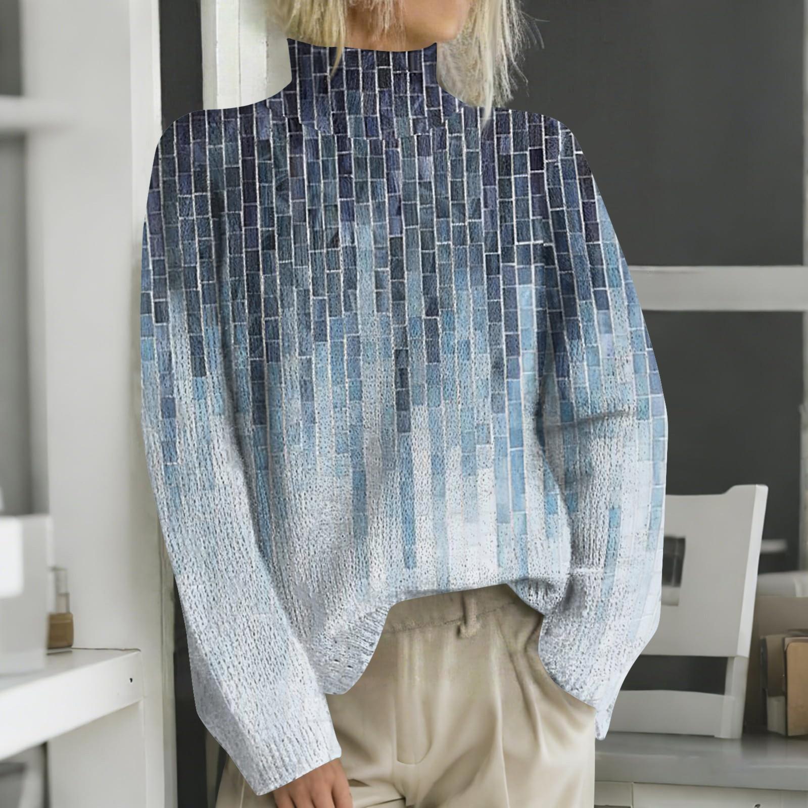 Женская мода повседневная с длинным рукавом и принтом, с высоким воротом, шерстяной трикотаж XXXL темно-синий